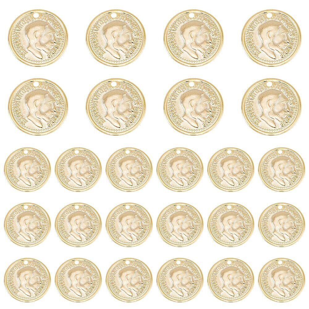 6857 40Pcs Vintage King's Head Round Pendants Flat Round 24K Gold Plated